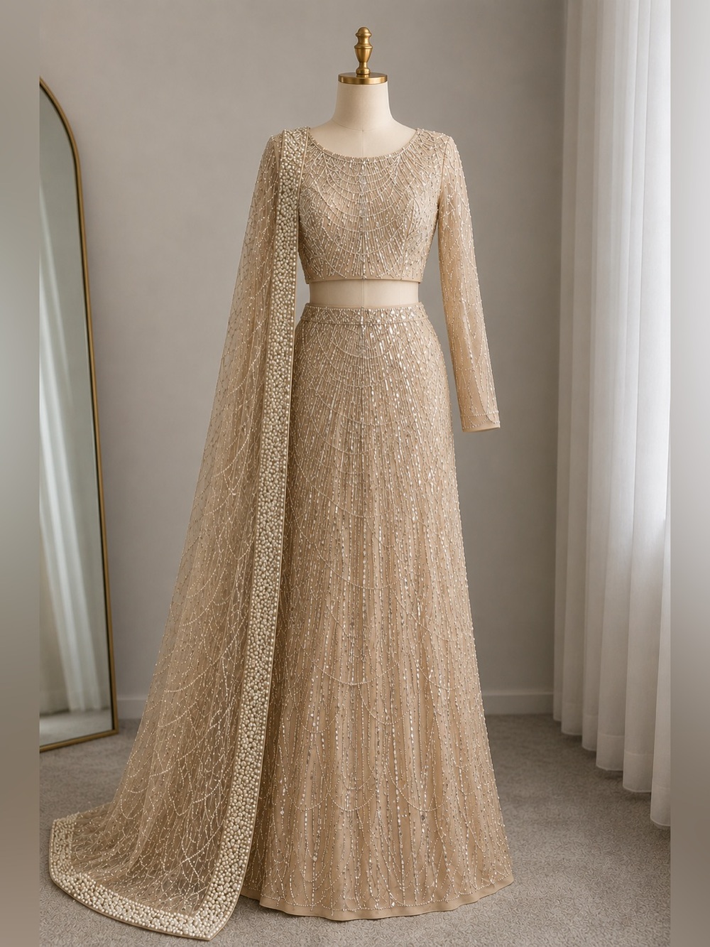 y2k lehenga Beaded Evening Dress in Champagne 3 piece Indian Pakistani dress
